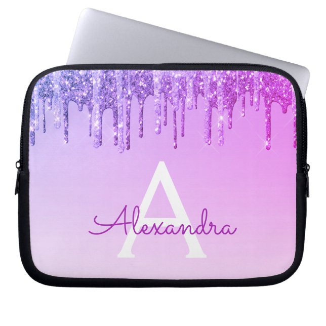 Lila Glitter och Gnistra Monogram Laptop Fodral (Framsidan)
