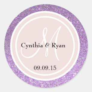 Lila Glitter och Rosa Bröllop Monogram Runt Klistermärke