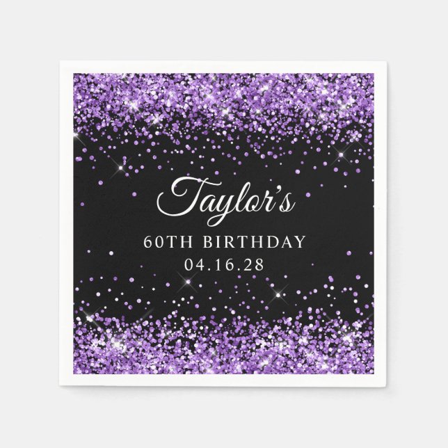 Lila glitter och svart 60-årsdag pappersservett (Framsidan)