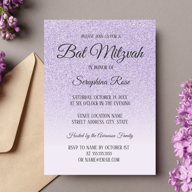 Lila glitter ombre Bat mitzvah Inbjudningar (Purple Bat Mitzvah Invitation)