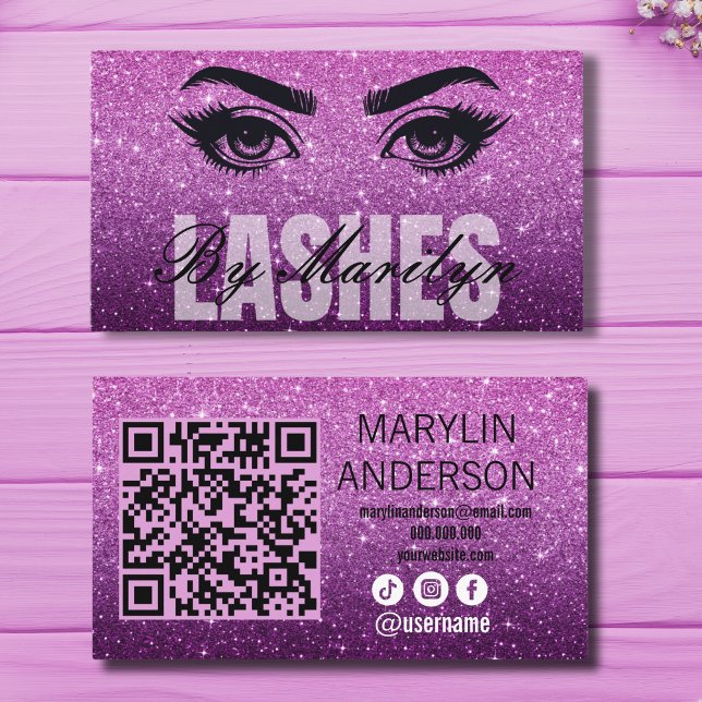 Lila Glitter Ombre Lash Business med QR-kod Visitkort (Skapare uppladdad)