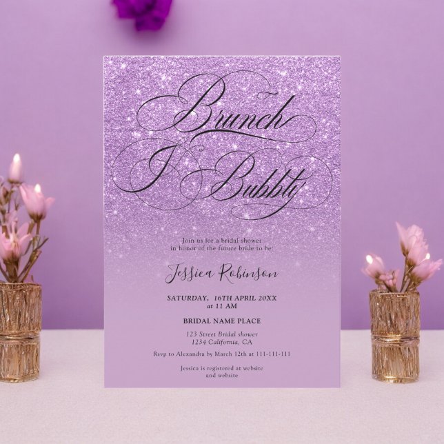 Lila glitter ombre-skriptmöhippa inbjudningar (Purple glitter ombre script bridal shower invitation)