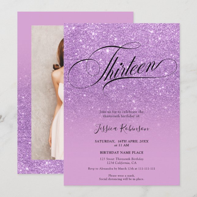 Lila glitter ombre sparkles chic skript Tretton Inbjudningar (Fram/baksida)