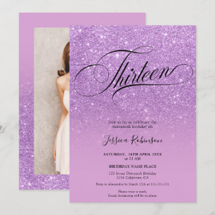 Lila glitter ombre sparkles chic skript Tretton Inbjudningar