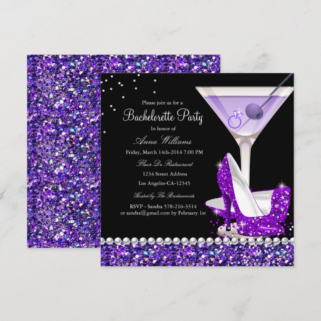 Lila Glitter Pearl Bachelorette Party Inbjudan (Fram/baksida)
