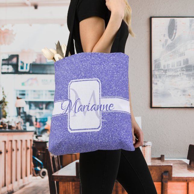 Lila Glitter Personlig Tote Bag Tygkasse (Purple Glitter Monogram Personalized Tote Bag)