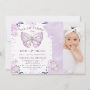 Lila Glitter Photo Butterfly Kisses 1:a födelsedag Inbjudningar