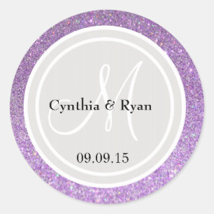 Lila Glitter & Platinum Grått Bröllop Monogram Runt Klistermärke