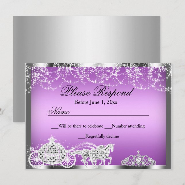 Lila Glitter Prinsessa Tema RSVP-svar Inbjudningar (Fram/baksida)