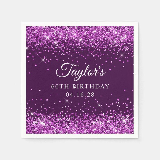 Lila Glitter Purjolöken 60-årsdag Pappersservett (Framsidan)