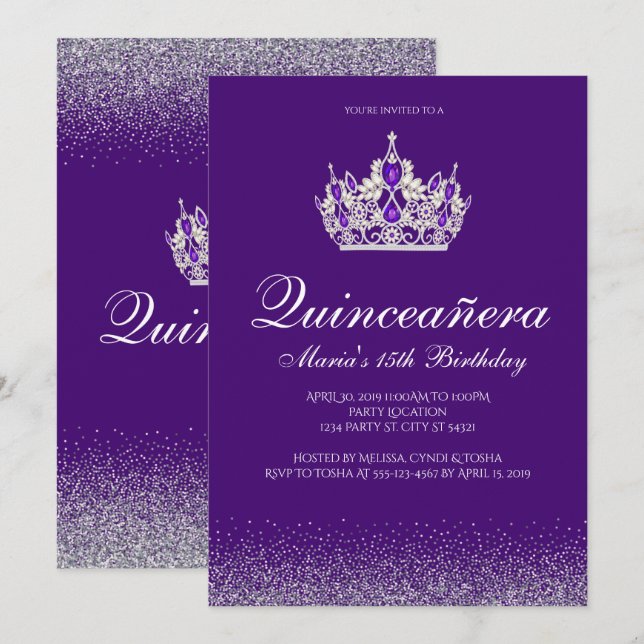 Lila Glitter Quinceanera-inbjudan Inbjudningar (Fram/baksida)