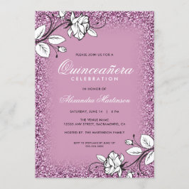 Lila Glitter Quinceanera Vit ros Inbjudningar