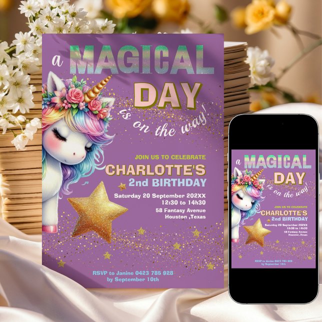 Lila glitter regnbåge enhörning 2-årsdag  inbjudningar (Skapare uppladdad)