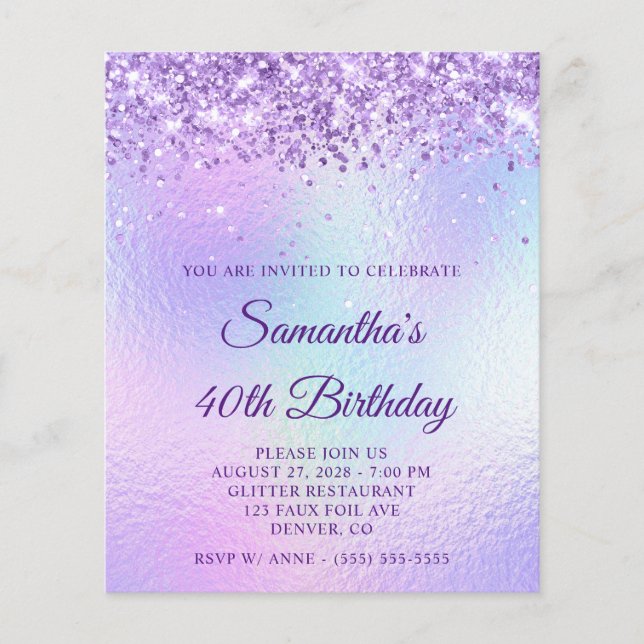Lila Glitter Regnbåge Iridescent 40-årsdag Flygblad (Framsidan)