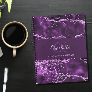 Lila glitter rosa agate marble monogram anteckningsbok