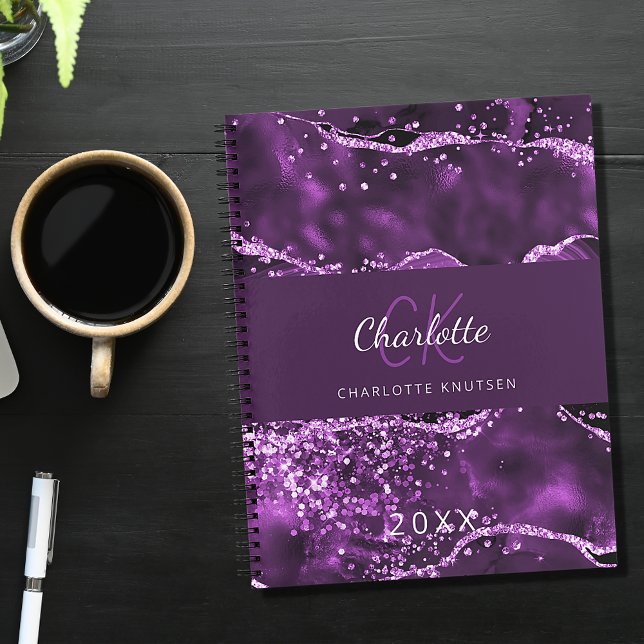 Lila glitter rosa agate marble monogram anteckningsbok (Skapare uppladdad)