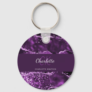 Lila glitter rosa agate marble monogram namn nyckelring