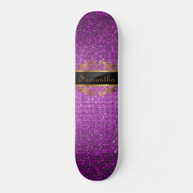 Lila Glitter Sequin Disco Glitz Comp Skateboard (Framsida)