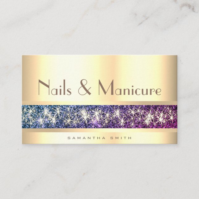Lila Glitter Shimmer Event Planner Guld Nagel Visitkort (Framsida)