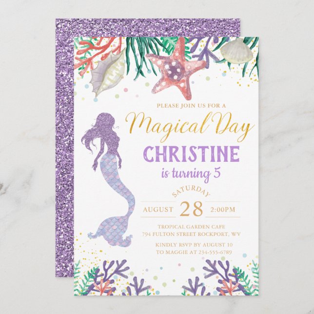 Lila Glitter Sjöjungfru under havsfödelsedag Inbjudningar (Fram/baksida)