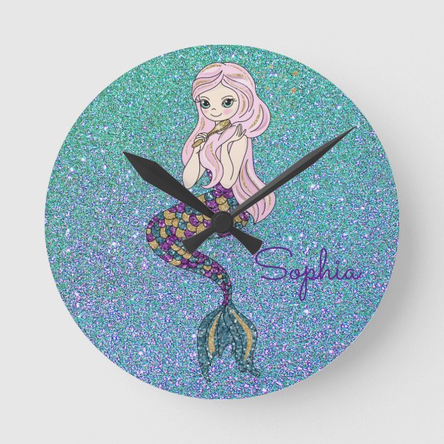 Lila Glitter Sjöjungfru Wall Clock Rund Klocka (Framsida)
