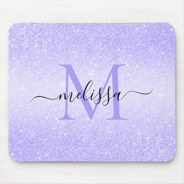 Lila Glitter Skript Namn Monogram Mouse Pad Musmatta (Framsidan)