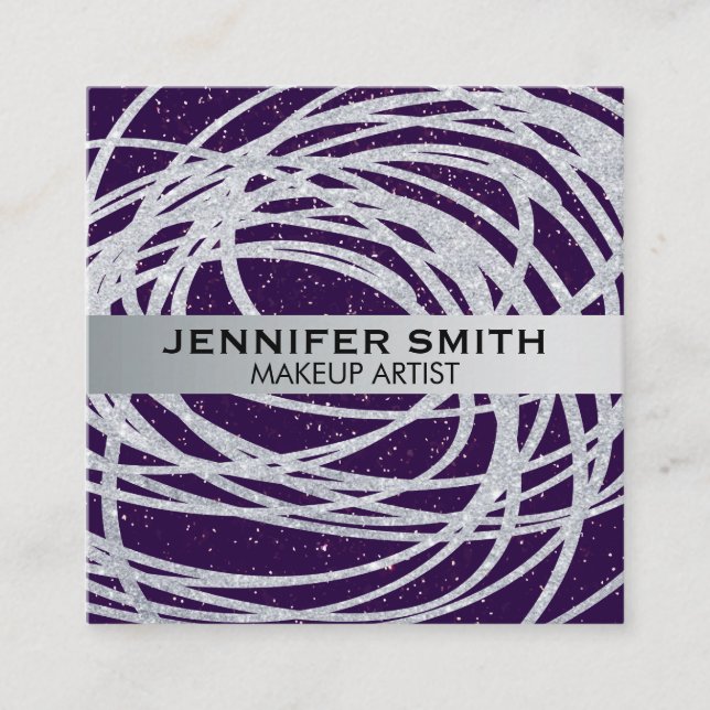 Lila Glitter Speckles | Glitter Scribble Silver Fyrkantigt Visitkort (Framsida)