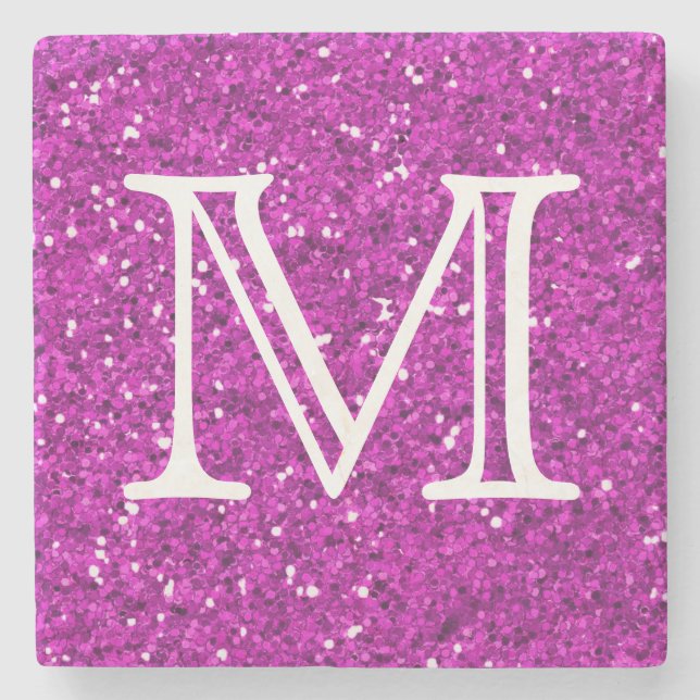 Lila Glitter Square Monogram Personlig Stenunderlägg (Framsidan)