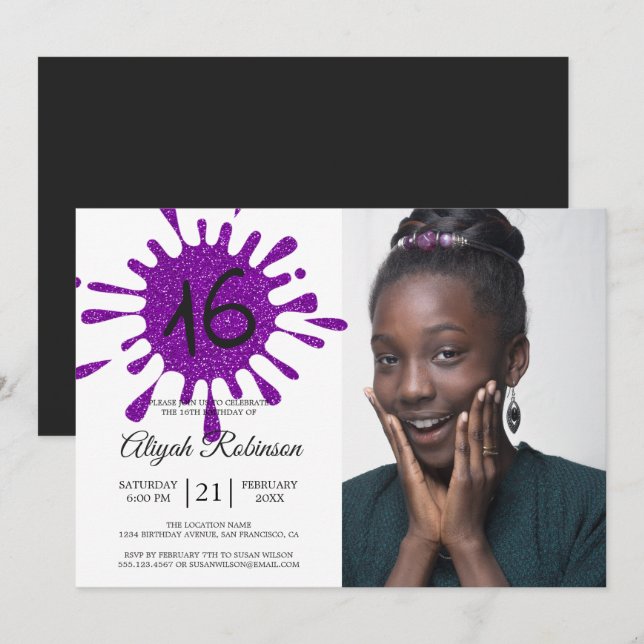 Lila Glitter Stänk Sweet 16 16:e Födelsedagsfesten Inbjudningar (Fram/baksida)