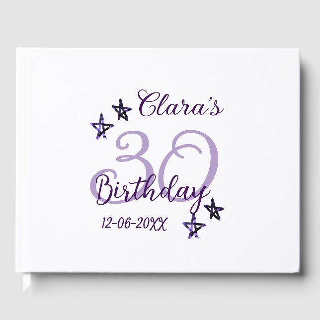Lila glitter stjärnor 30års födelsedag moderna ref gästböcker (Framsida)