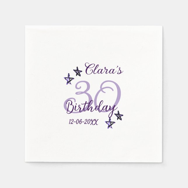 Lila glitter stjärnor 30års födelsedag moderna ref pappersservett (Framsidan)