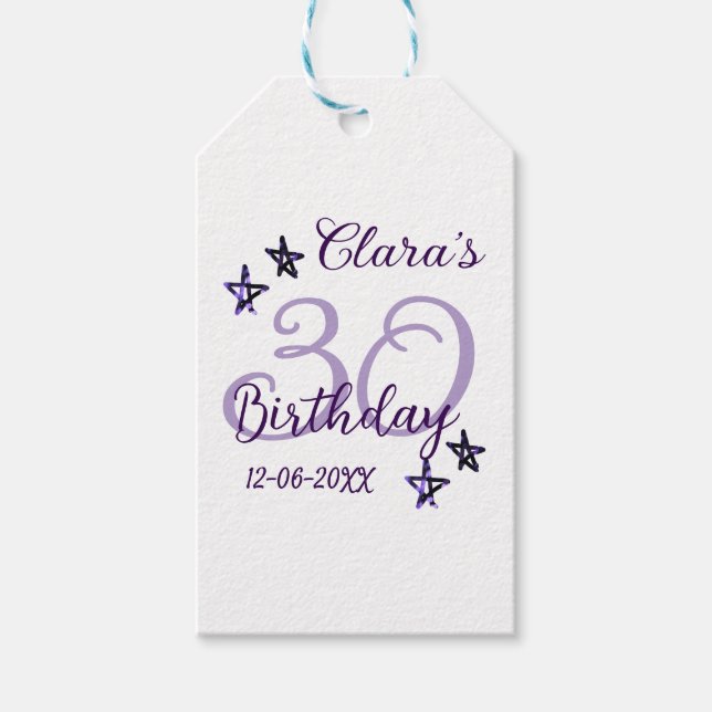 Lila glitter stjärnor 30års födelsedag moderna ref presentetikett (Framsidan)