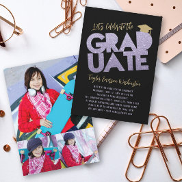 Lila Glitter Student Cutout Studentfest Inbjudningar