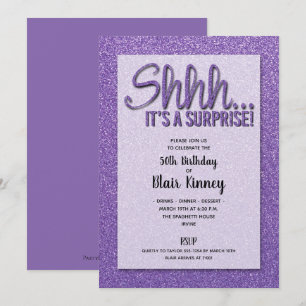 Lila Glitter SURPRISE Birthday-inbjudningar