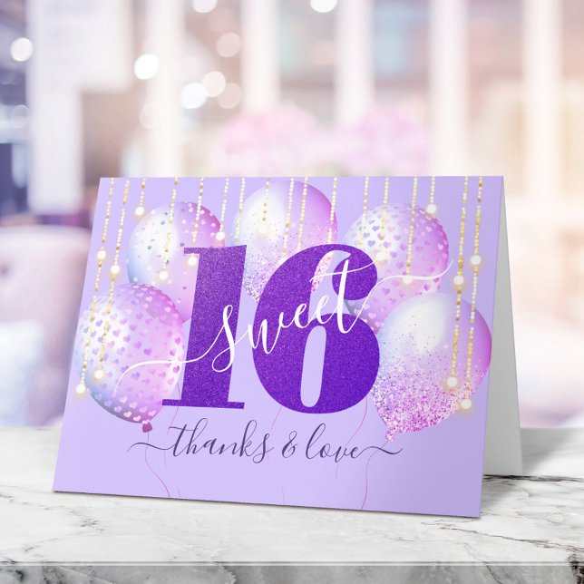 Lila Glitter Sweet 16 Birthday Balloon Girly Tack Kort (Skapare uppladdad)