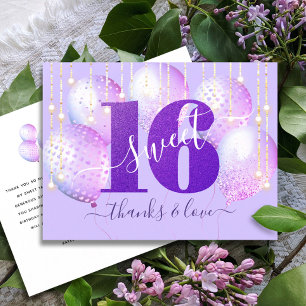 Lila Glitter Sweet 16 Birthday Balloon Tack Vykort