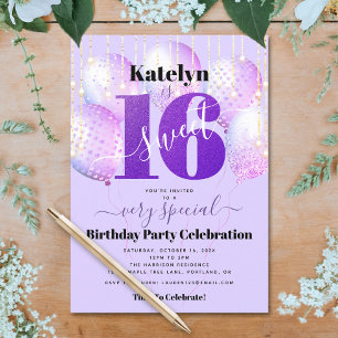 Lila Glitter Sweet 16 Birthday Balloons Modern Inbjudningar