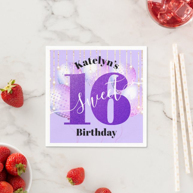 Lila Glitter Sweet 16 Birthday Balloons Script Pappersservett (Insitu)