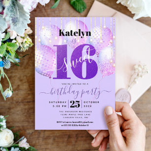 Lila Glitter Sweet 16 Birthday Girly Balloons Inbjudningar