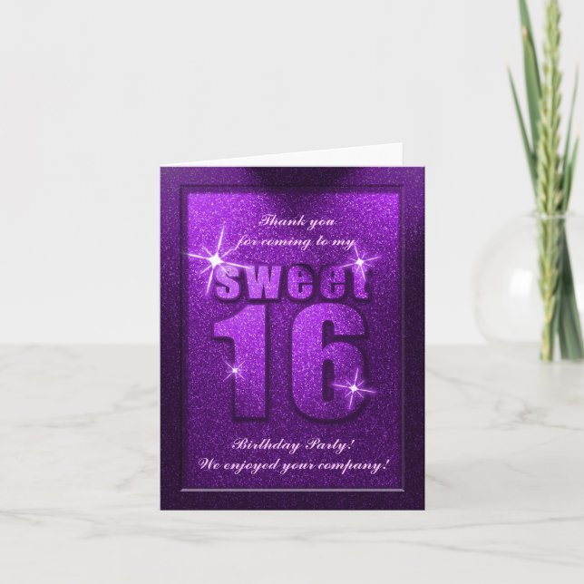 Lila Glitter Sweet 16 Birthday Tack you Card (Framsida)