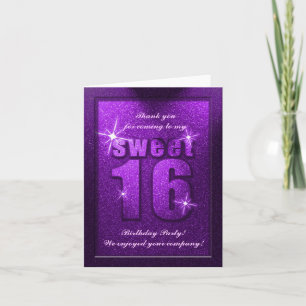 Lila Glitter Sweet 16 Birthday Tack you Card Kort