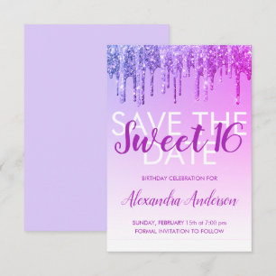Lila glitter Sweet 16 Spara datumet Inbjudningar