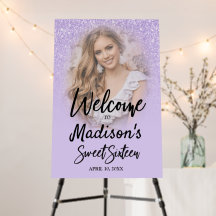 Lila Glitter Sweet 16 Välkomstkort med foto