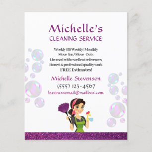 Lila Glitter Tecknad Maid House Städning Service Flygblad