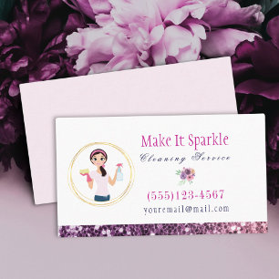 Lila Glitter Tecknad Maid Städning Service Visitkort