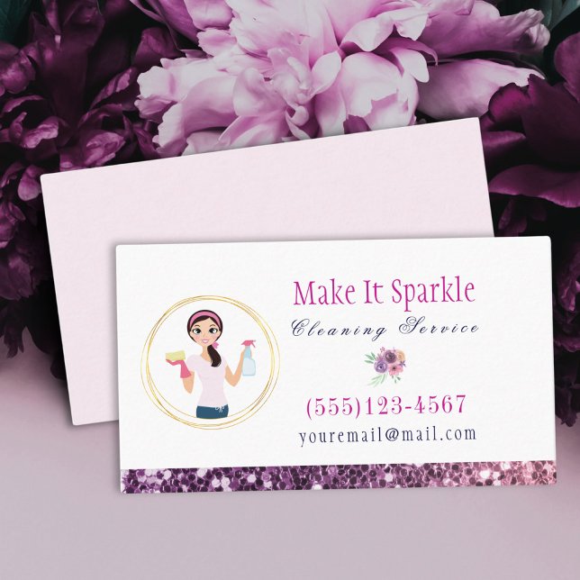 Lila Glitter Tecknad Maid Städning Service Visitkort (Skapare uppladdad)