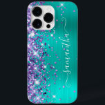 Lila Glitter Turcos Glam Girly Namnteckning<br><div class="desc">Den glupska lila glitter högljutt på den lämnat kant framför ett faux aqua och en borstad metall med turkos. Det moderna,  gigantiska namnteckning teckensnittet har ett elegant vitt kalligrafteckensnitt med dekorativt svan. Anpassa typsnittet stilar för att skapa egna mobila växlar.</div>