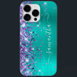 Lila Glitter Turcos Glam Girly Namnteckning<br><div class="desc">Den glupska lila glitter högljutt på den lämnat kant framför ett faux aqua och en borstad metall med turkos. Det moderna,  gigantiska namnteckning teckensnittet har ett elegant vitt kalligrafteckensnitt med dekorativt svan. Anpassa typsnittet stilar för att skapa egna mobila växlar.</div>