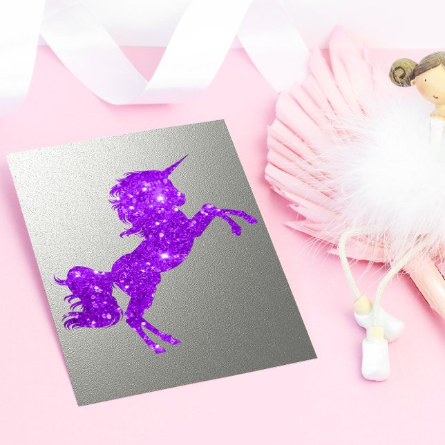 Lila Glitter Unicorn och Metallic Silver Helg Vykort (Skapare uppladdad)