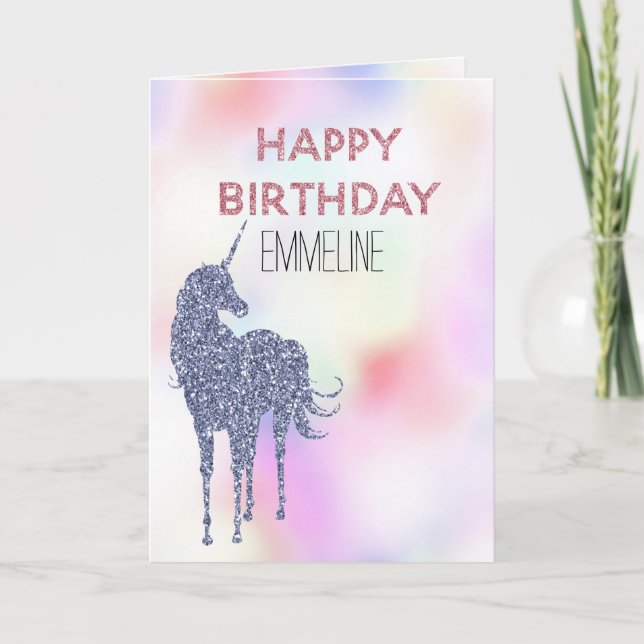 Lila Glitter Unicorn Rosa Birthday Kort (Framsida)